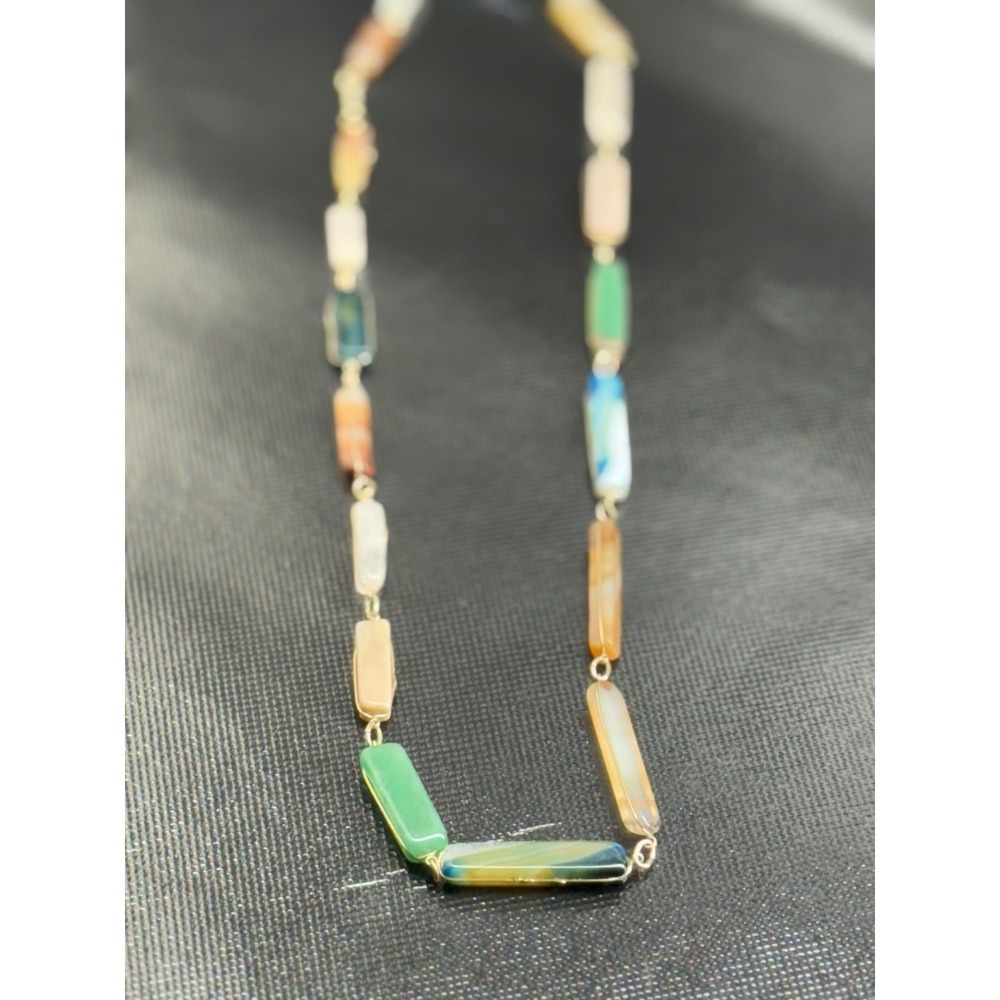 Colorful Agate Stone Bead Necklace Gold Tone Chain Unique Design